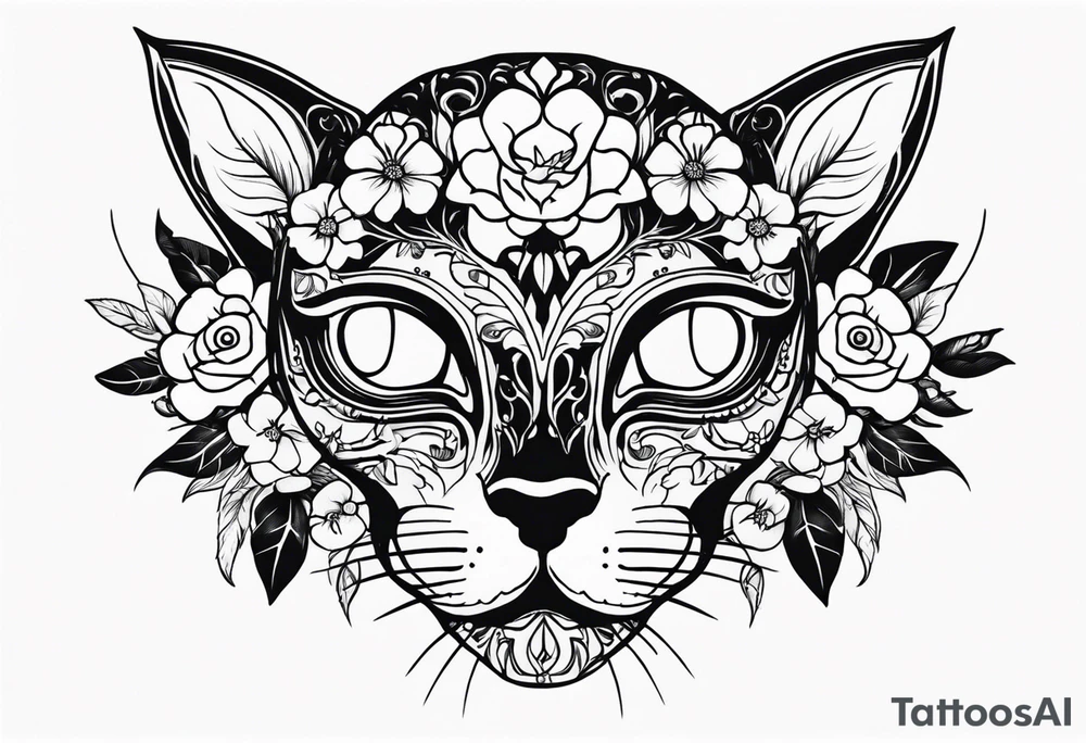 Cat skull with flowers coming out of eye holes tattoo idea