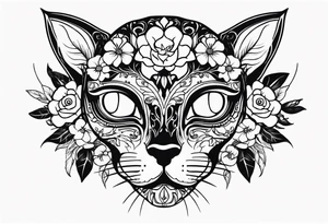 Cat skull with flowers coming out of eye holes tattoo idea