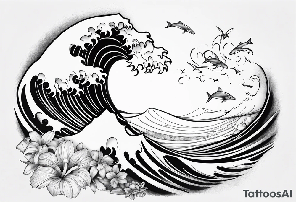 wave,, flower, palm, sea animal tattoo idea
