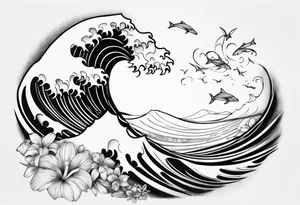 wave,, flower, palm, sea animal tattoo idea