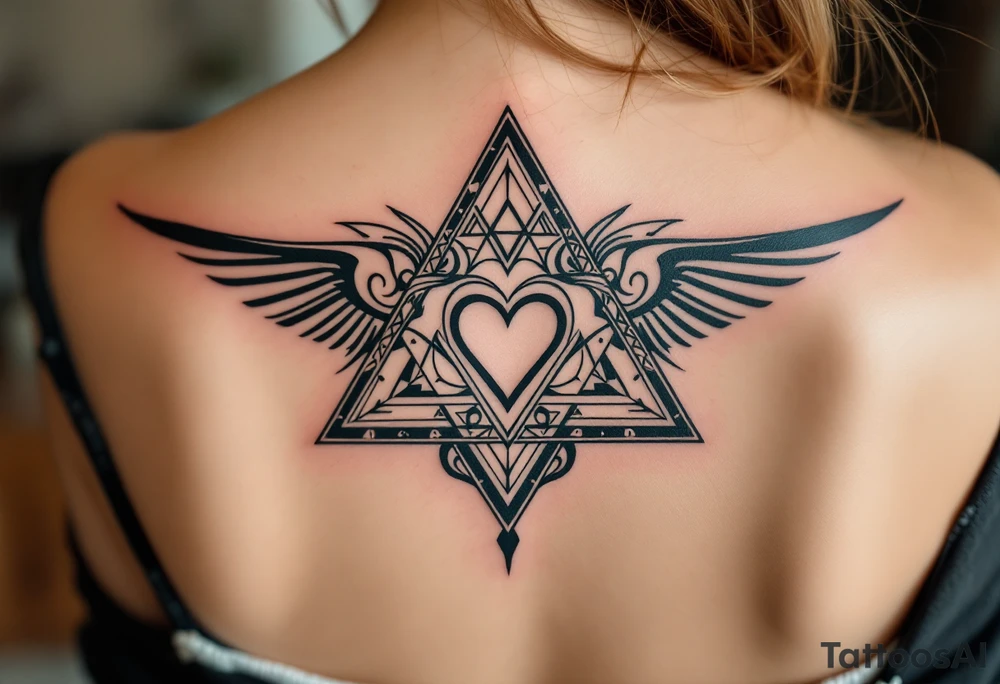 A triangle with a big heart in the center with a 
travel theme tattoo idea