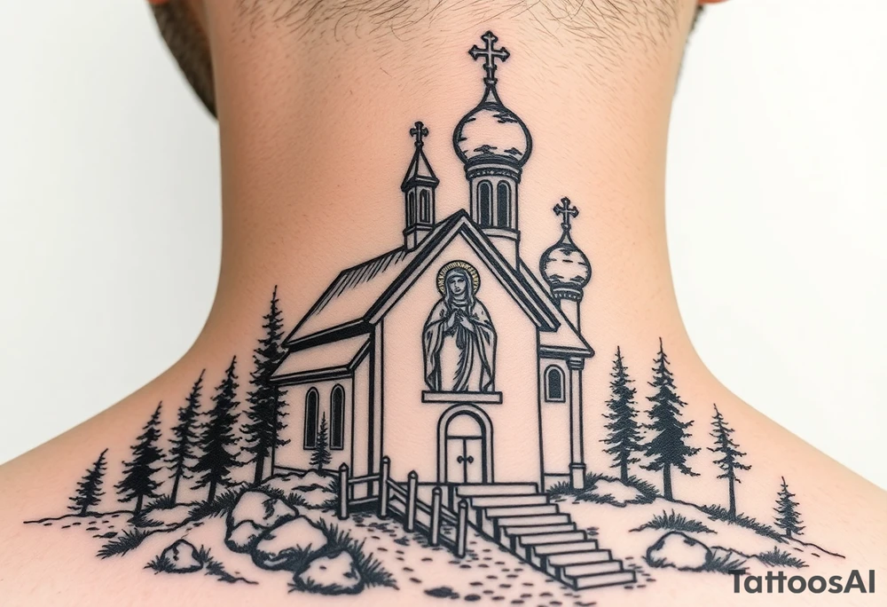 Traditional russian orthodox church in a wilderness setting with a prominent orthodox style virgin mary tattoo idea