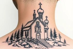 Traditional russian orthodox church in a wilderness setting with a prominent orthodox style virgin mary tattoo idea
