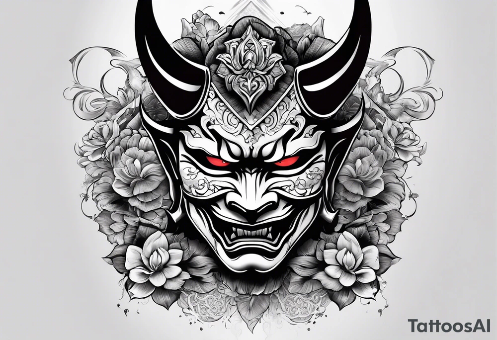 A cabeça de um homem com a cabeça raspada usando uma máscara de hannya tattoo idea