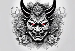 A cabeça de um homem com a cabeça raspada usando uma máscara de hannya tattoo idea