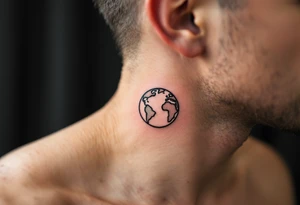 A small, minimalist Earth outlined in black with a hint of aqua and lime shading sits behind the ear. tattoo idea