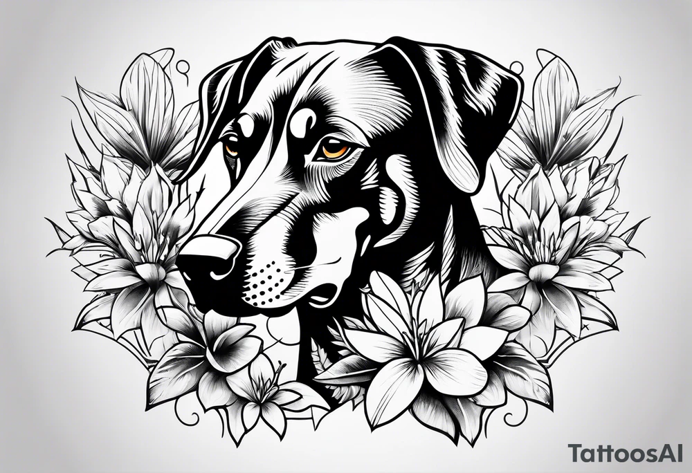 tropical and floral tattoo with doberman intertwined tattoo idea