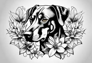 tropical and floral tattoo with doberman intertwined tattoo idea