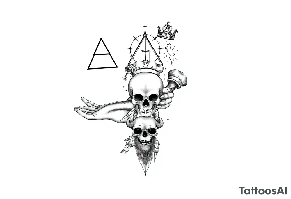 make a seamless sleeve design for a left arm from top of shoulder to wrist in fine line art that includes the images: candlestick, triangle, open hands, light, crown, a path, jacob wrestling with God, skull, ocean, bison, shepherd crook, dove, electricity, ship on the sea tattoo idea