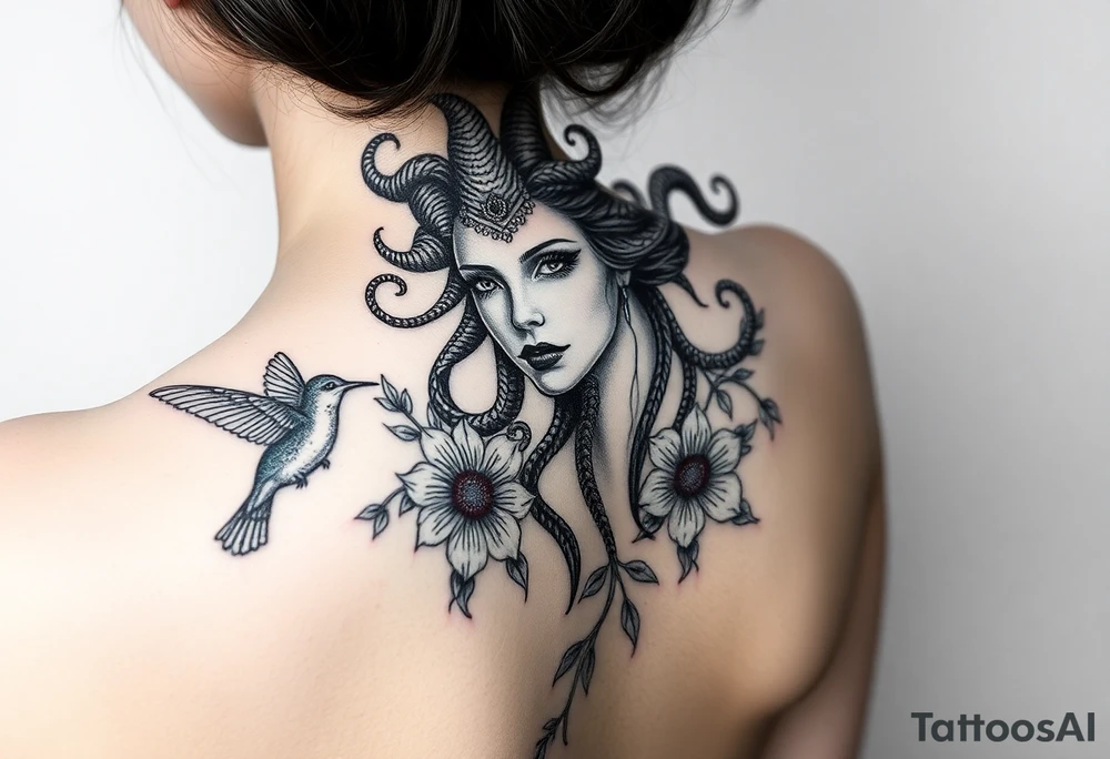 medusa surrounded by hummingbirds and flowers tattoo idea