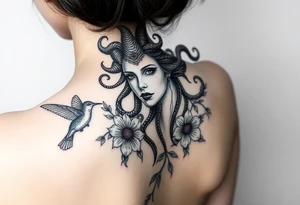 medusa surrounded by hummingbirds and flowers tattoo idea