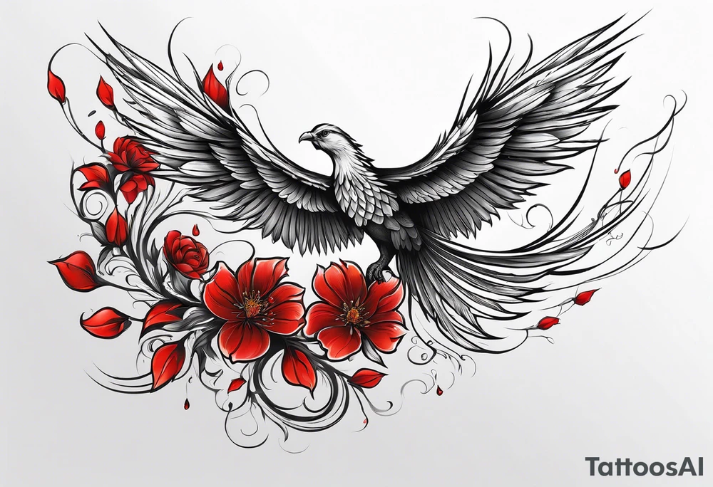 elongated phoenix in flight 
in profile long tail with claws holding red flowers falling tattoo idea