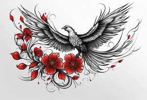 elongated phoenix in flight 
in profile long tail with claws holding red flowers falling tattoo idea