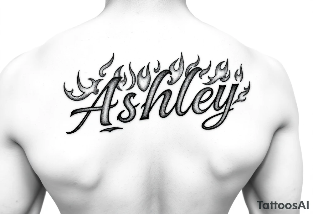Name
Tattoo: ASHLEY in script flames tattoo idea