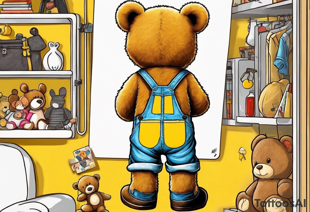 image of the back of a light brown teddy bear standing in yellow overalls, striped tank top and wearing boots and holding the hand of a little girl who is taller than him tattoo idea
