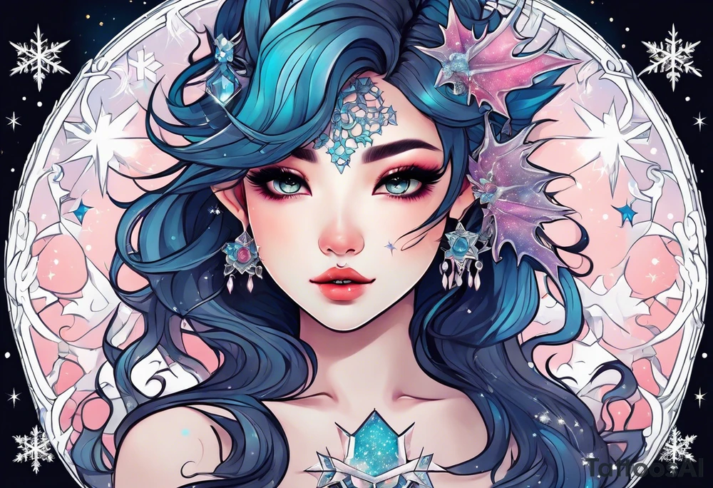 Constellation, kawaii dragon girl , snowflake tattoo idea