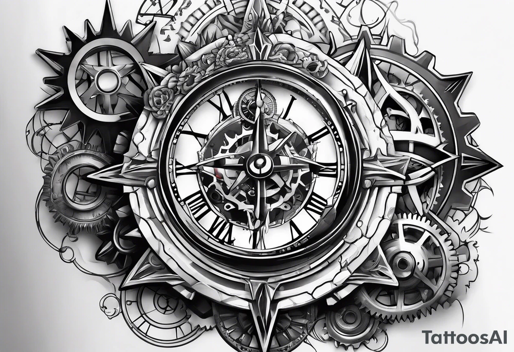 gears with clock and compass tattoo idea
