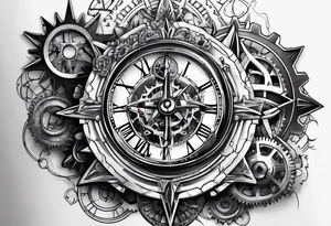 gears with clock and compass tattoo idea