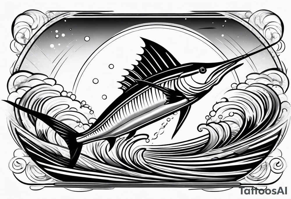 Sailfish, jumping out of the water geometric realistic traditional tattoo idea