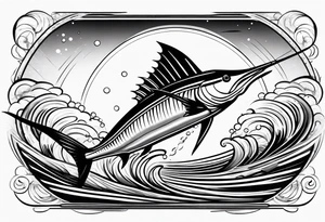 Sailfish, jumping out of the water geometric realistic traditional tattoo idea