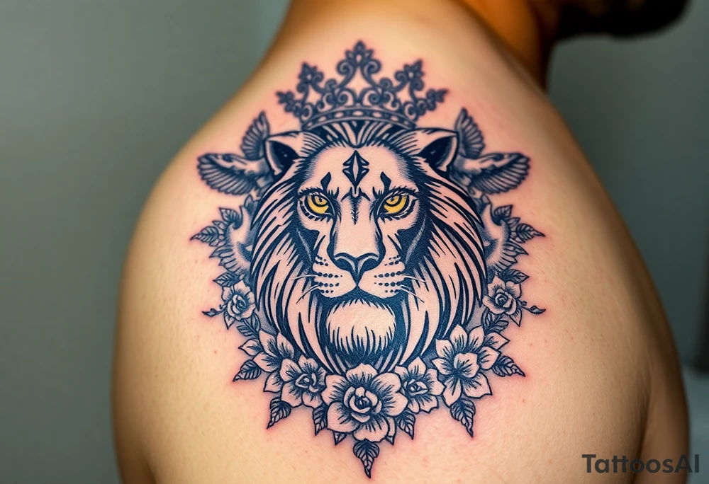 powerful majestic lion with a crown, surrounded by floral ornaments and birds tattoo idea