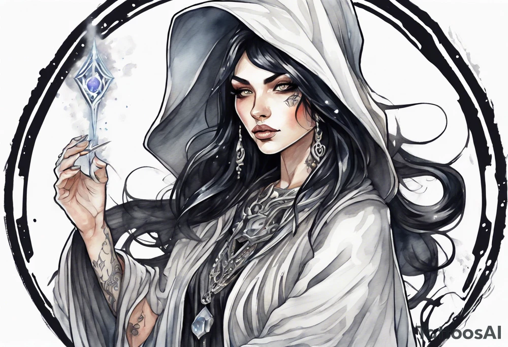 a wise sorceress with black hair with streak of white dressed in a black and silver cloak tattoo idea