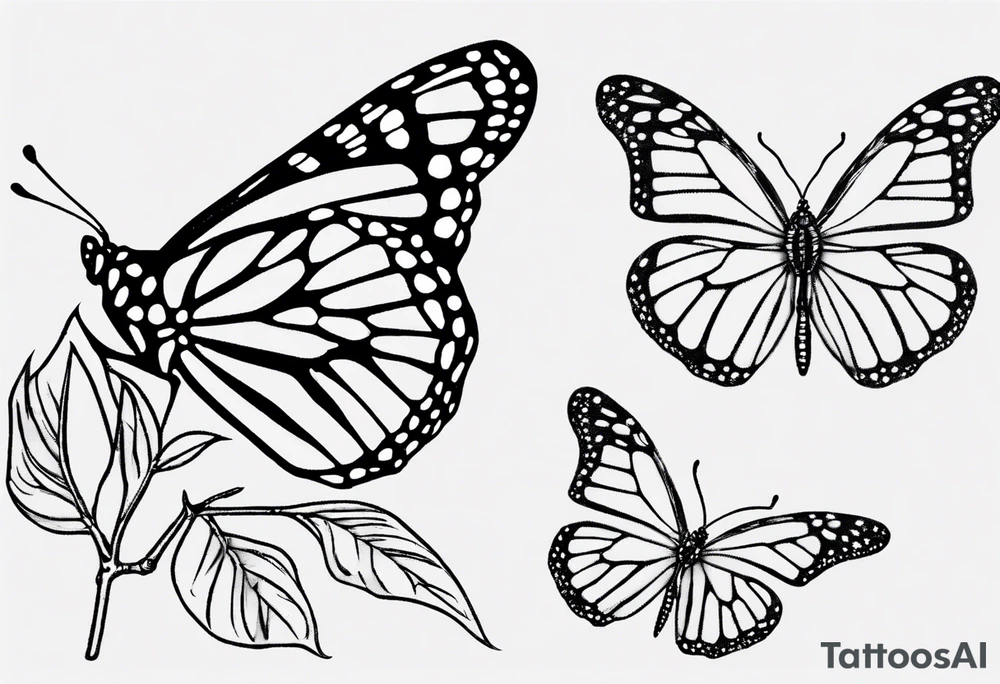 realistic monarch butterfly simple black outline landed on a twig tattoo idea
