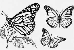 realistic monarch butterfly simple black outline landed on a twig tattoo idea