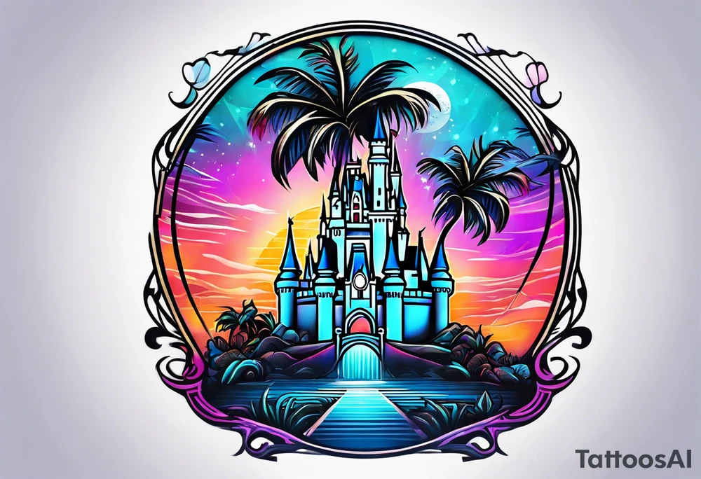disney castle palm tree tron style tattoo idea