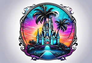 disney castle palm tree tron style tattoo idea