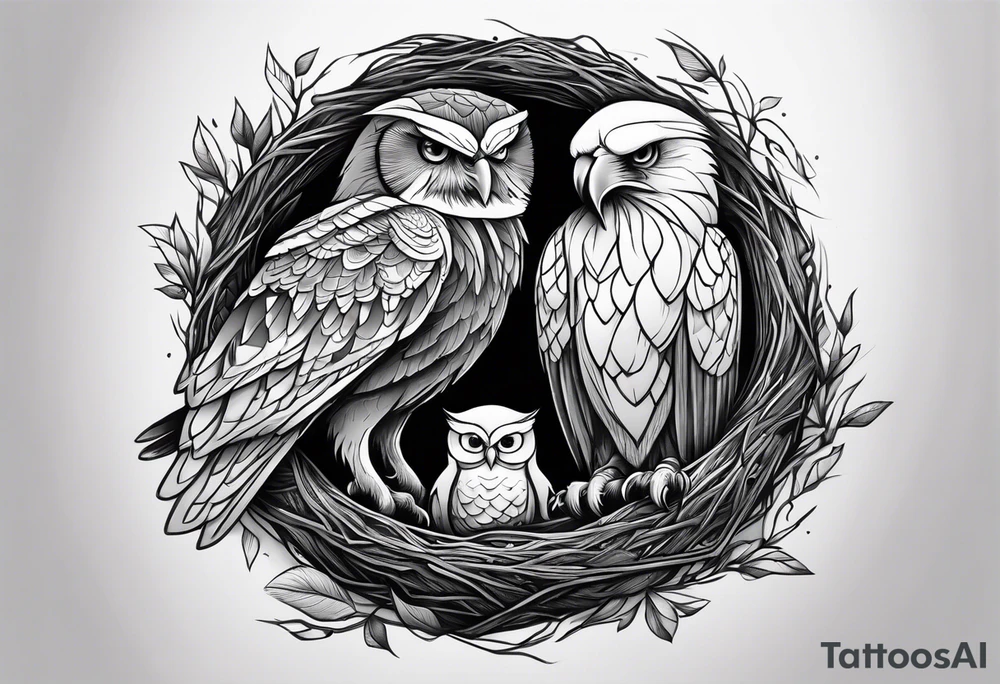 Owl, raven, eagle cuddled in a nest, birdseye view tattoo idea