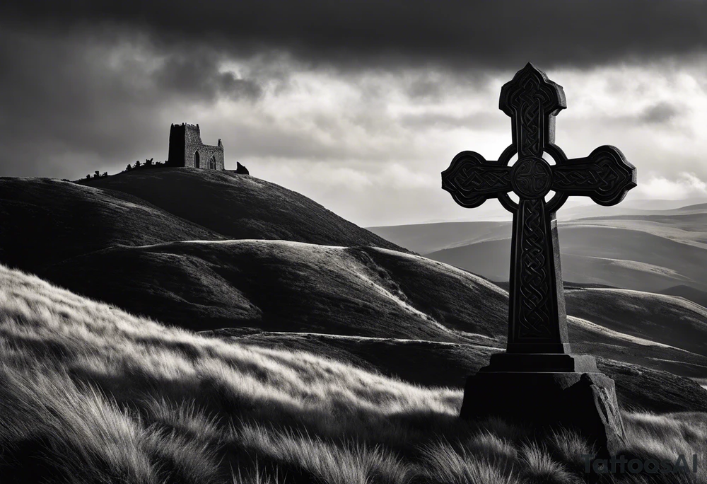 A monochromatic scene of a stone Celtic cross standing tall against a windswept hill. The intricate designs etched into the cross are starkly contrasted against its weathered, black surface. At the arm of the cross, a large raven perches elegantly, its ebony feathers seemingly absorbing the light. The bird's piercing eyes are fixed on something beyond the viewer's sight, lending an air of mystery to the already enigmatic monument. The surrounding landscape is desolate and barren, with the occasional tuft of brown grass struggling to survive the harsh elements. A veil of fog hovers just above the ground, adding to the eerie atmosphere and further isolating the cross from the world around it. The image evokes a sense of timelessness and the enduring strength of Celtic heritage, even in the face of the relentless march of time. tattoo idea
