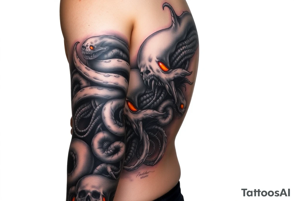 This sleeve design creates a continuous deep-sea horror scene wrapping around the lower arm (forearm). It features an array of undead ocean creatures in a chaotic underwater environment. The composition balances eerie horror-fantasy vibes (inspired by the first reference image) with flowing, vibrant ink patterns (inspired by the second reference image). The overall mood is dark and haunting, with glowing highlights in orange, red, and yellow illuminating the creatures’ eyes and other features against a murky background. The design is meant to be visually cohesive as it wraps around the arm, avoiding any symmetry – each creature faces different directions and varies in size, creating an organic, unpredictable composition that feels alive (or undead) from every angle. tattoo idea