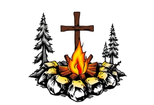 Campsite with a campfire with a cross tattoo idea