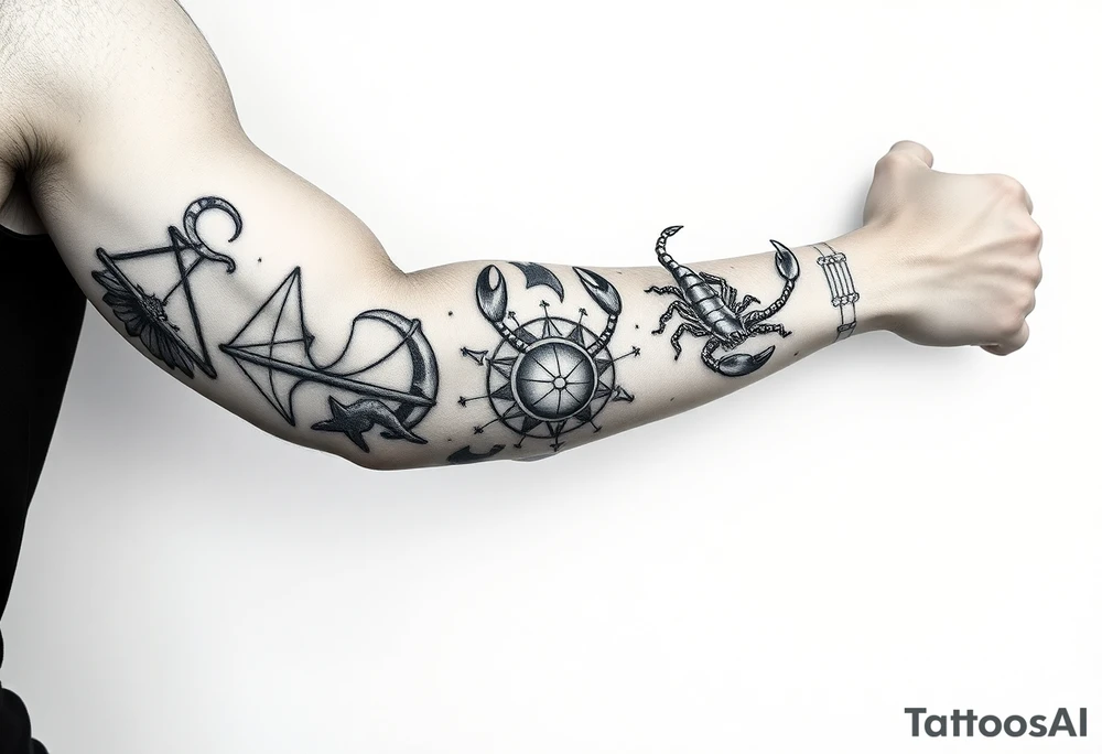 Taurus, cancer, 2 scorpio, capricorn, and libra star constellation tattoo for arm tattoo idea