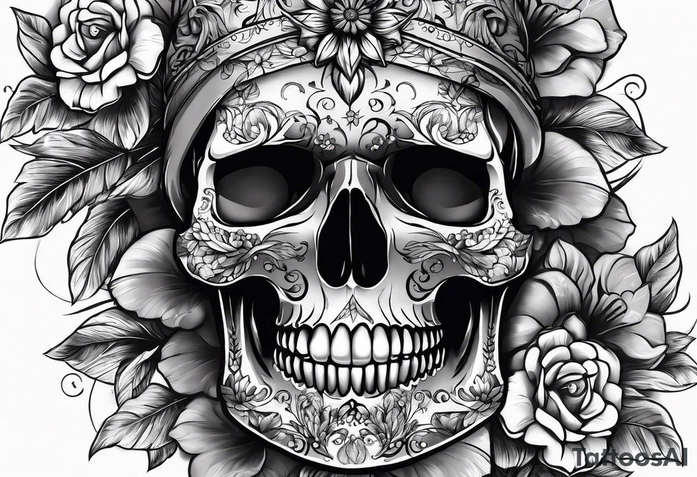 SKULL FULL FACE WITH FLOWER tattoo idea