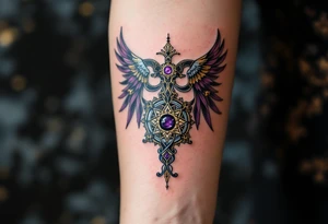 An elegant tarot card featuring the Gemini symbol, with rich purple, silver, and gold detailing. tattoo idea