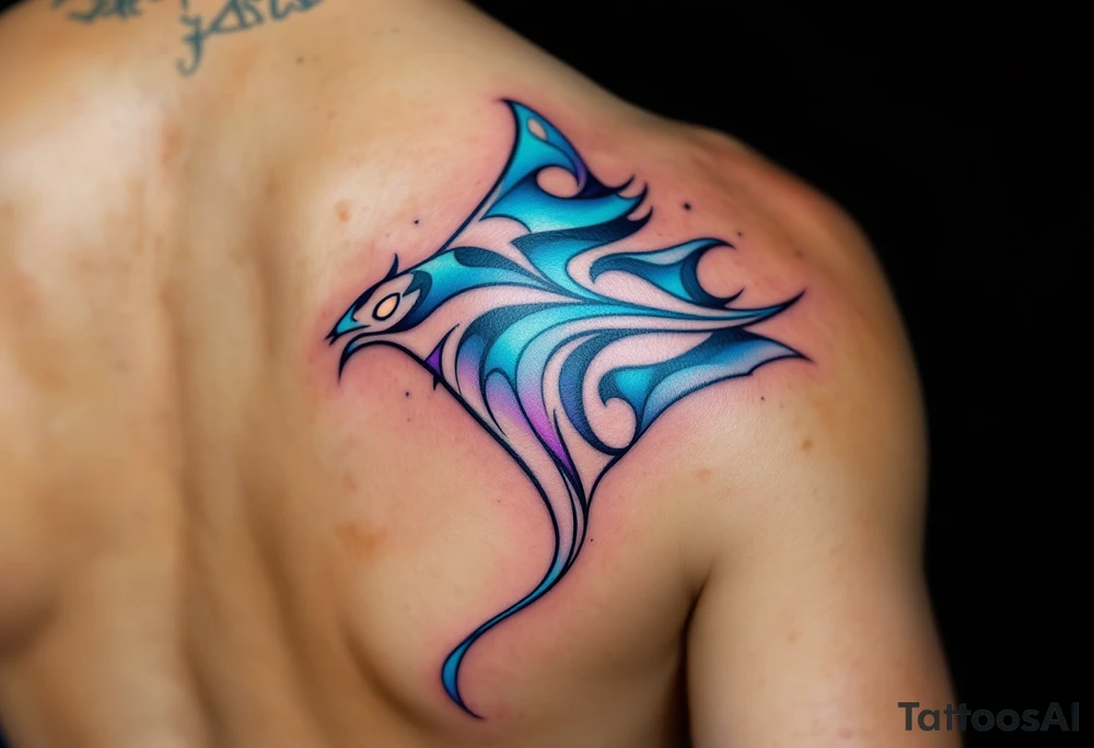 A graceful ray fish glides through deep turquoise waters, its diamond-shaped body shimmering in gradients of silvery blue and soft lavender, with delicate dark spots trailing along its gently undulating wings. tattoo idea