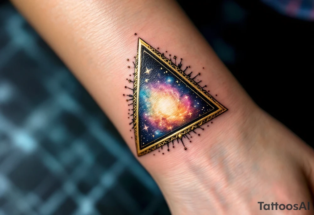 A gold-outlined triangle with a galaxy background, capturing the mystery of the universe. tattoo idea