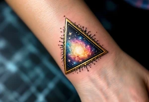 A gold-outlined triangle with a galaxy background, capturing the mystery of the universe. tattoo idea