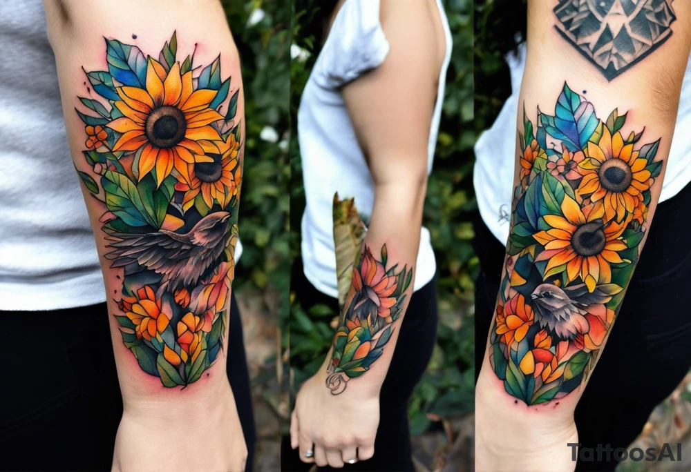 Small Watercolor inside arm tattoo, 4 inches. Black kite (Daya's name), nature (trees/flowers), rock/metal vibe (bold lines), sunflower. Bright colors! tattoo idea