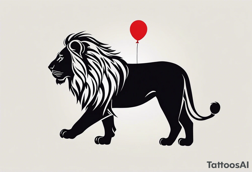 tattoo design should be in the layout of the famouse picture"small princ"  where it should remind me that I survived,and my life was saved by my husband, and he should be represented in the tattoo as a young lion holding a balloon held in the muzzle.
The baloon which is red and in Hearth shape. The whole body of lion should be visible and more abstract not so realistic.The lion is holding the string of the baloon in the muzzle. The string from the balloon should have a heartbeat pulse.The baloon should be red colored, and the rest of the image should be black only. tattoo idea