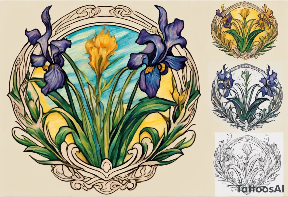 Create a colorful Vincent van Gogh Irises tattoo with Athena's shield and spear. The tattoo should take the form of a crescent, with vines gracefully intertwining at a central point in the middle of the wreath. Ensure that the design avoids the appearance of a bush and maintains a more structured and deliberate arrangement. The intended placement is on the upper chest. The overall design should be small in size while maintaining a delicate and artistic aesthetic. Pay attention to the graceful flow of the vines and the placement of the irises to achieve a refined and elegant look. tattoo idea
