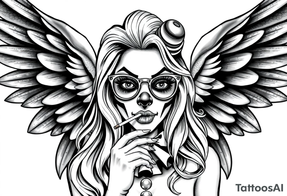 beautiful long hair pin up Clown Girl payasa  thug eyeglasses  angelic wings smoking a cigarette tattoo idea
