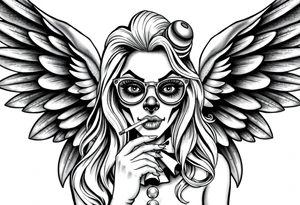 beautiful long hair pin up Clown Girl payasa  thug eyeglasses  angelic wings smoking a cigarette tattoo idea