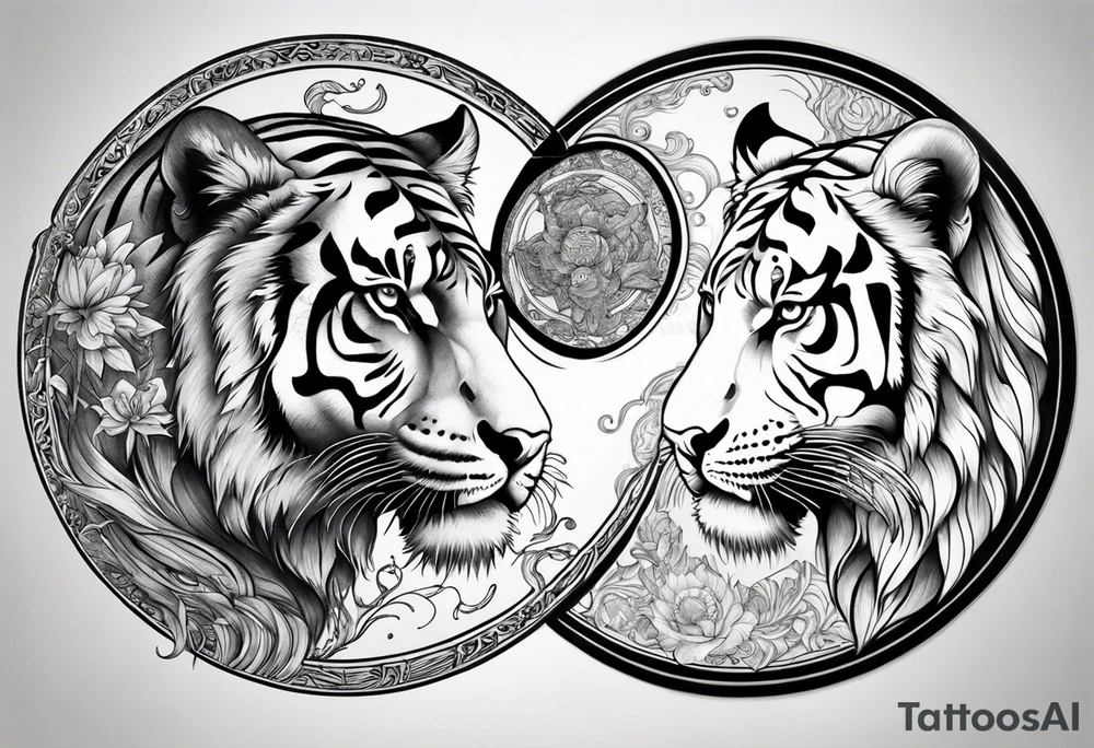 Tiger and lion on a yin yang plate tattoo idea