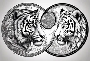 Tiger and lion on a yin yang plate tattoo idea