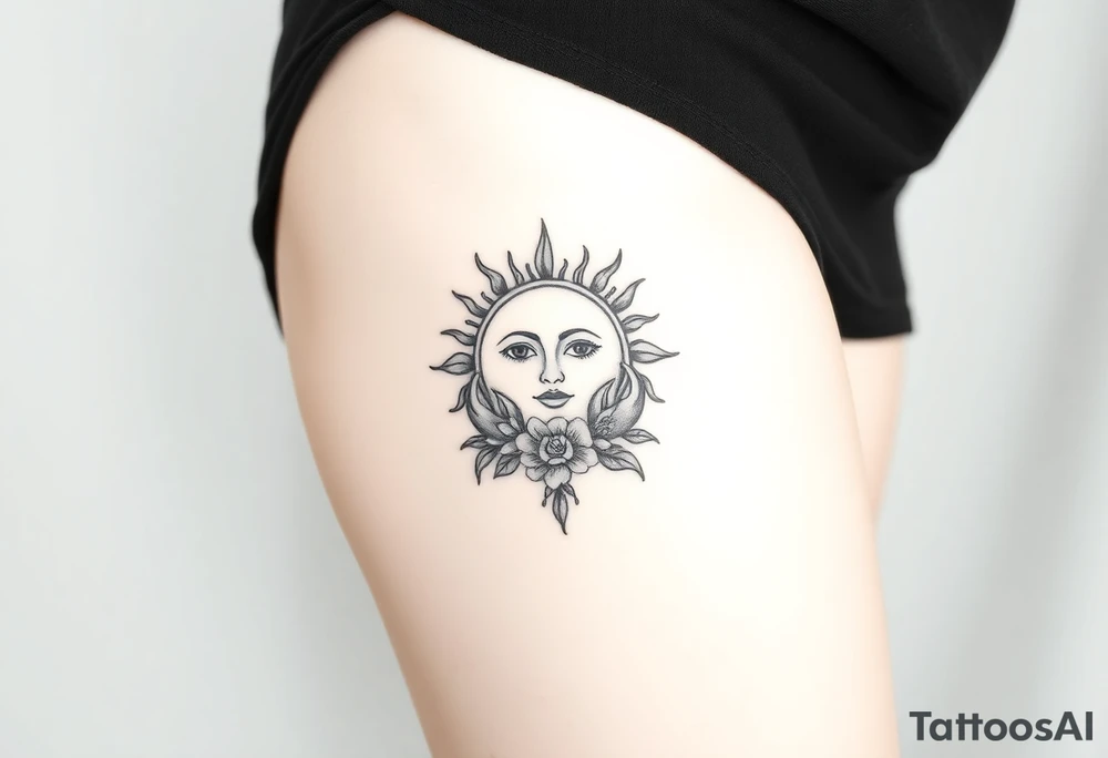 Traditional old
School sun with simple face two eyes, Sun, rose and crab old school style henna style tattoo idea