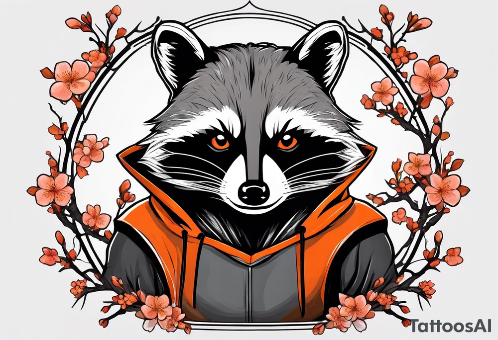 Raccoon wearing a white Superman logo on a black hoodie and orange Japanese cherry blossoms beside tattoo idea