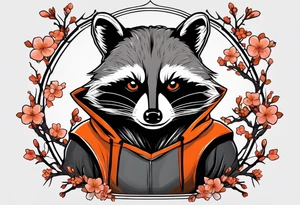 Raccoon wearing a white Superman logo on a black hoodie and orange Japanese cherry blossoms beside tattoo idea
